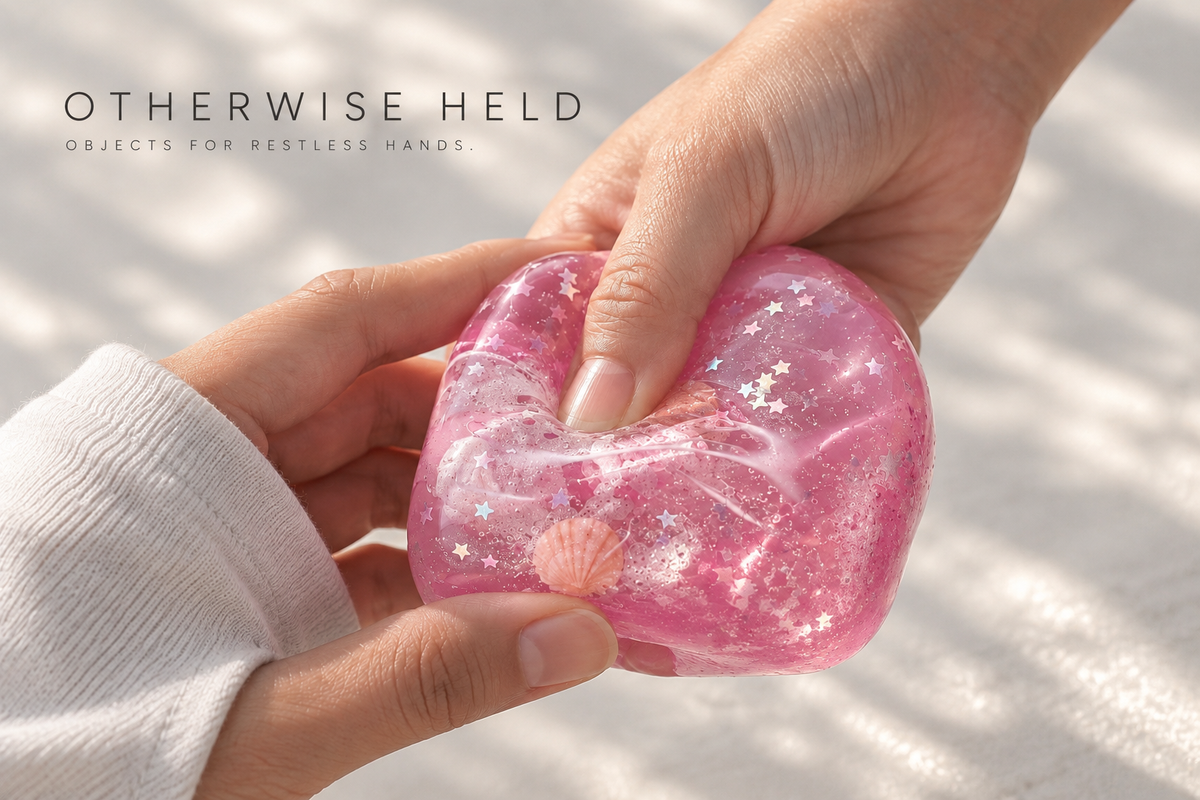 OH 06 Coral, two hands squeezing the translucent pink cube