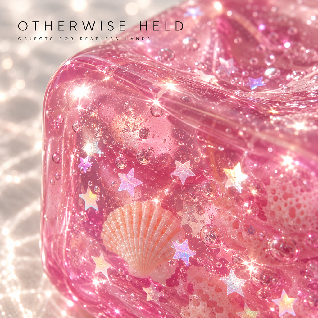 OH 06 Coral, close-up of stars, bubbles and a shell inside the translucent pink cube