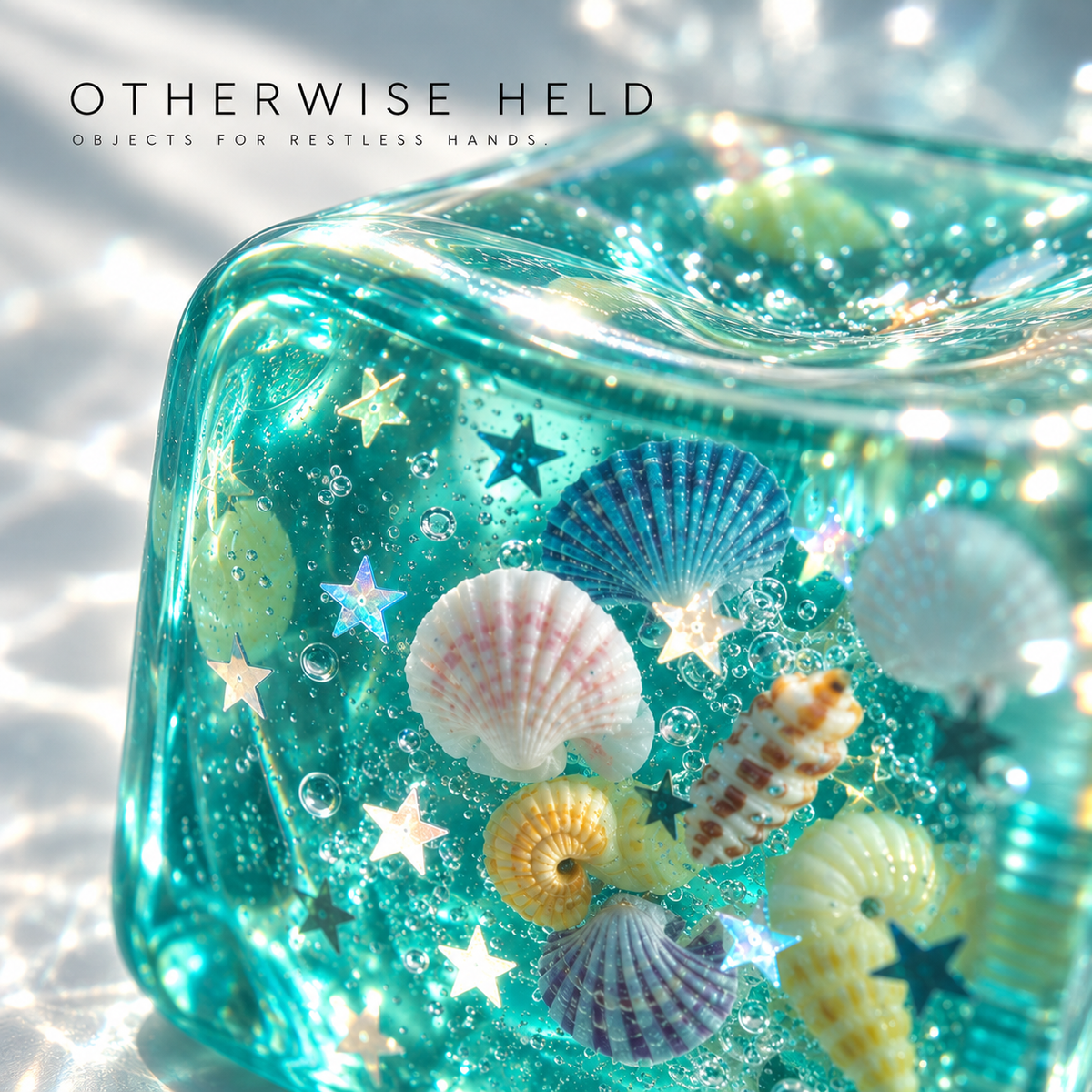 OH 05 Ocean, close-up of shells and stars suspended inside the translucent teal cube