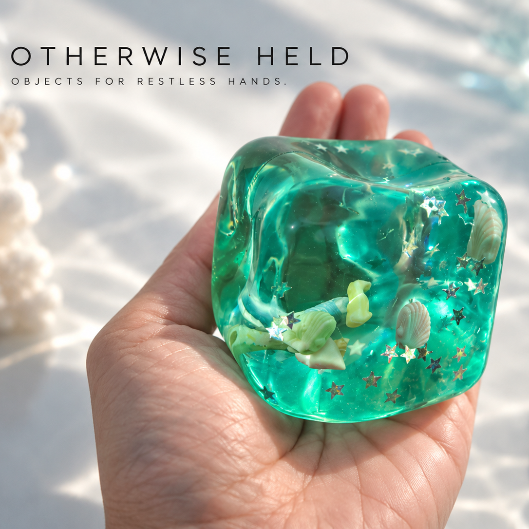 OH 05 Ocean, translucent teal squish cube resting in an open palm