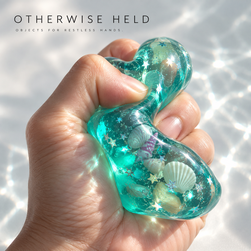 OH 05 Ocean, hand squeezing the translucent teal cube as the shells and stars shift inside