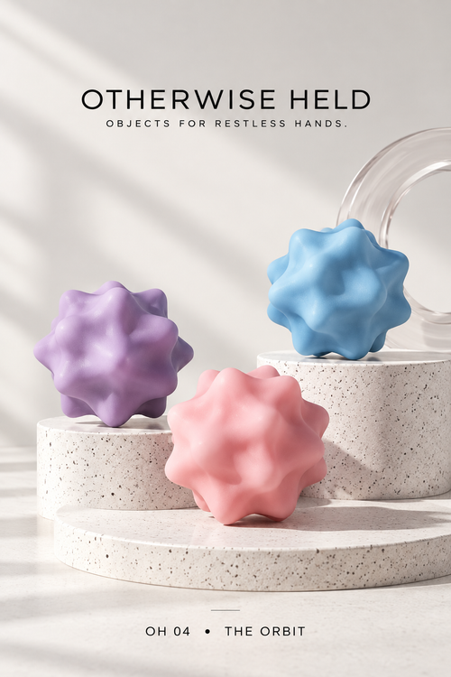 Three OH 04 The Orbit silicone massage balls in violet, blue and pink on a stone pedestal