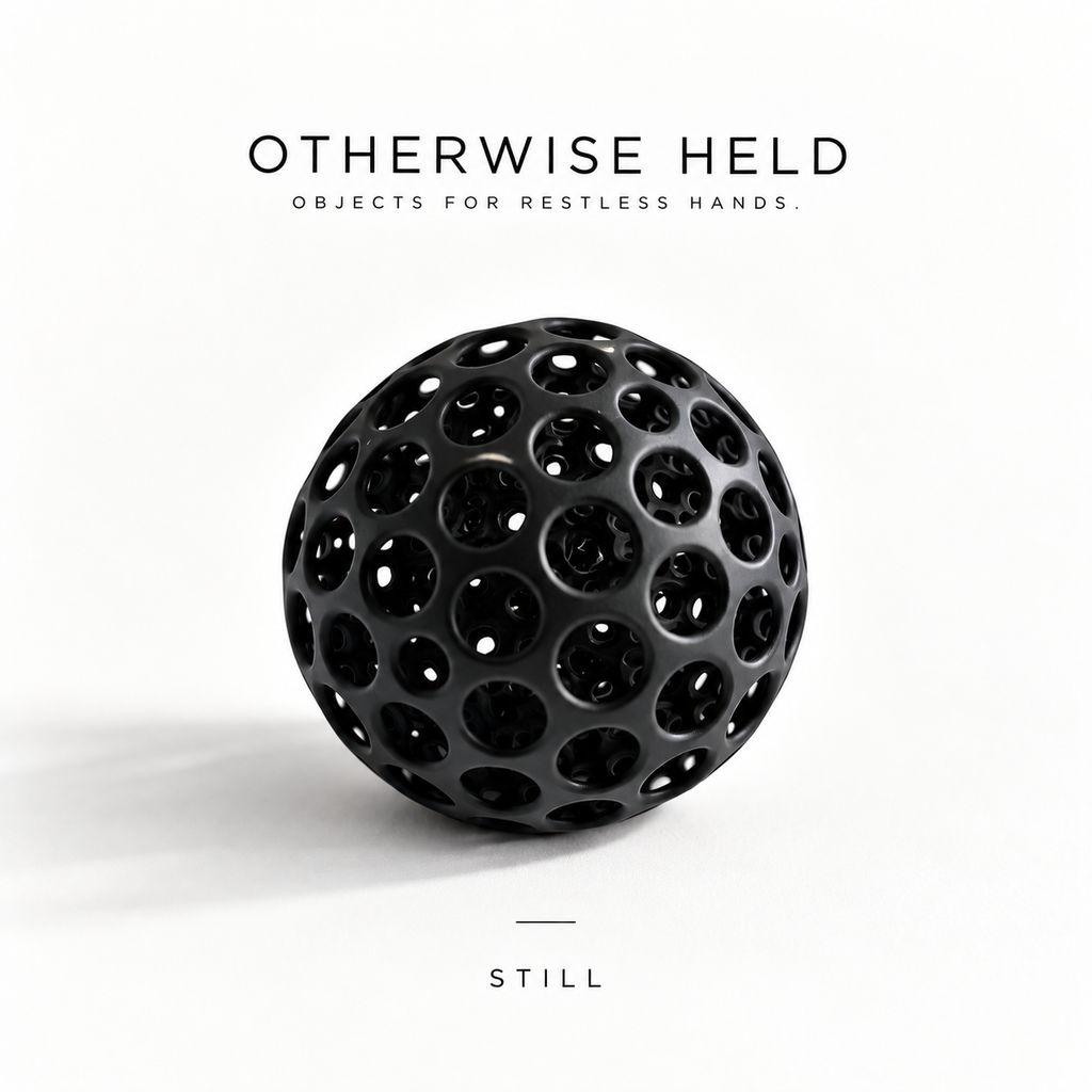 OH 02 The Hollow in Still, black rubber ball with holes