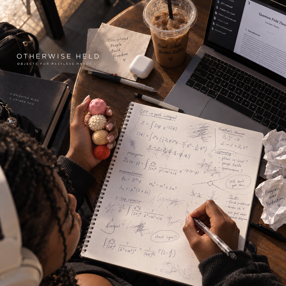 A top-down view of a person writing in a spiral-bound notebook with handwritten equations, surrounded by a laptop, an iced coffee, a pen, and a small bag on a wooden table. The text 'OTHERWISE HELD' is visible in the upper left.