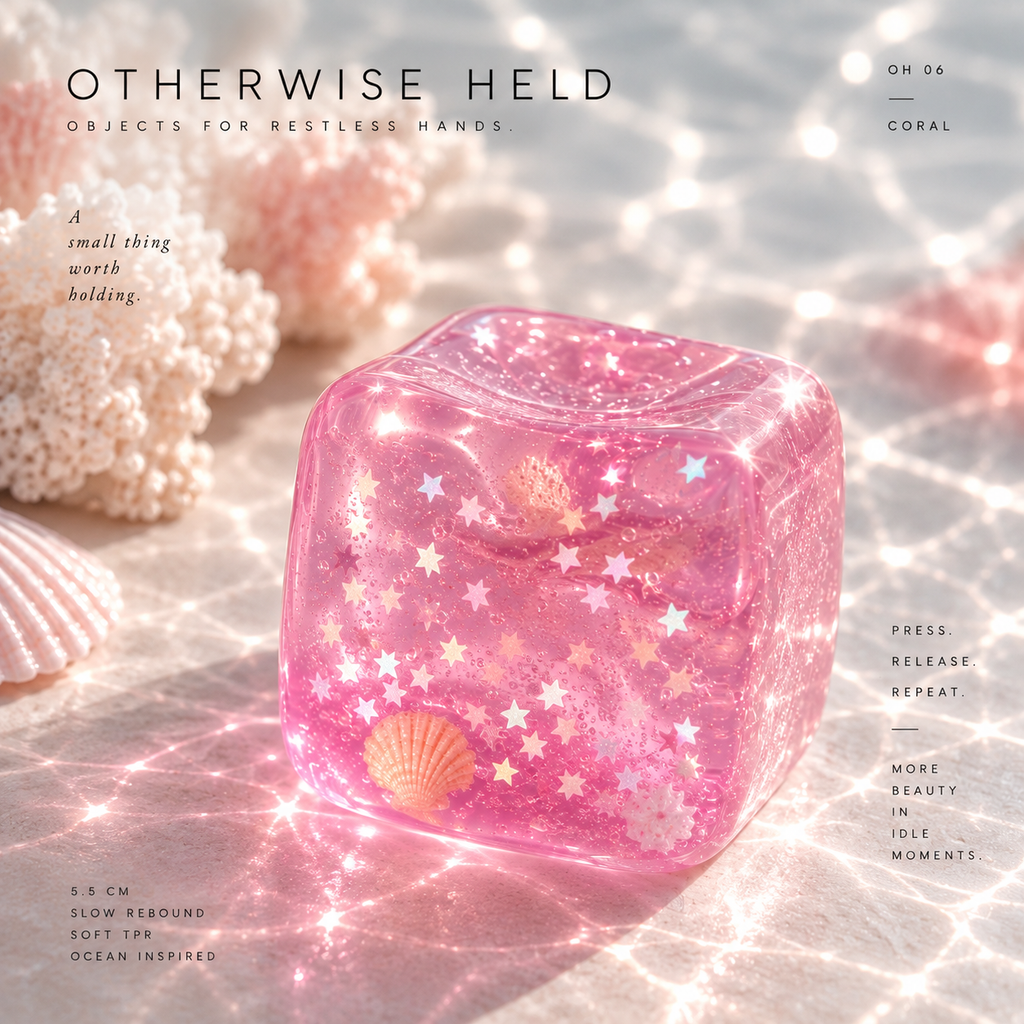 OH 06 Coral, translucent pink squish cube with stars and a shell inside, beside coral and seashells